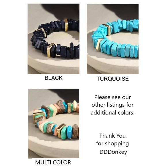 Jet Black Dyed Square Coconut Shell Stretch Bracelet w Gold Toned Metal Accents - Picture 2 of 2